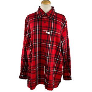 Foxcroft Sz 14W Red Tartan Plaid Top Womens Wrinkle Free Button Up Shirt Blouse